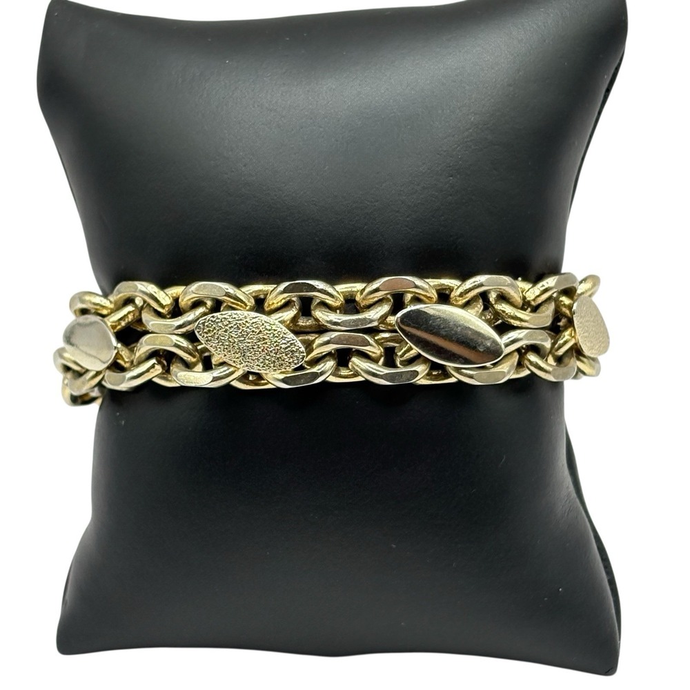 Double Chain Link Bracelet Oval Textured Detailing Gold‎ Tone Vintage Chunky